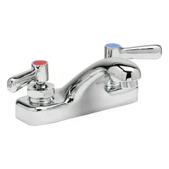 Centerset bathroom faucet with low arc design, constructed of cast brass with chrome finish. Flow rate of 0.5 gpm. Includes integral shanks. Suitable for lavatory sinks in commercial and institutional restrooms.