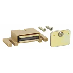 This magnetic push-to-close catch is constructed of plastic and measures 2 1/8 inches in height by 13/16 inches in width. It operates with a pull opening action, providing secure closure for cabinet doors, enclosures, and panels in industrial and commercial settings.
