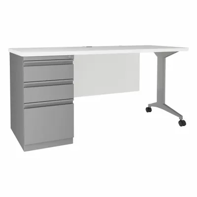 HIRSH Rectangular Office Desk with Pedestal, White/Silver, 3 Drawers (24226) - Pedestal Desks