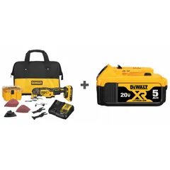 This cordless oscillating tool kit includes a brushless motor and a 2.0 Ah battery. It is suited for cutting, sanding, and scraping applications in construction, maintenance, and fabrication tasks.