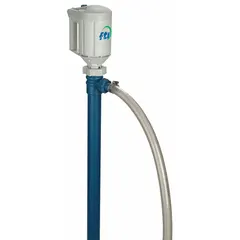 Centrifugal electric drum pump with a 4/5 hp motor, 115 V AC, and 40 gpm flow rate. Includes a polypropylene suction tube and hose. Used for transferring fluids from drums and containers in industrial settings.