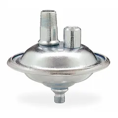 Zinc-bodied air volume control for bladderless well water tanks. Features two 1/4-inch MNPT connections and is rated for a minimum bladderless tank pressure of 20 psi. Used to regulate air cushion pressure in residential and light commercial water systems.