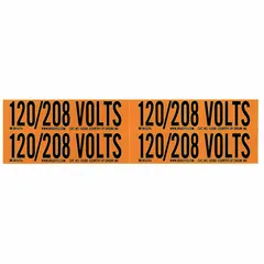 Self-stick vinyl markers for identifying 120/208 Volt electrical circuits on conduits, panels, and junction boxes. Each marker measures 4 1/8 in wide by 1 1/8 in tall with a clear legend. Pack of 5.