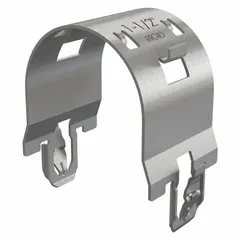 Snap-in rigid conduit clamp for securing 1 1/2 in rigid conduit to strut channel. Made of spring steel with a gray SST finish (Dakota ProTect™ Wet/Dry: 1000hr) for corrosion resistance. Designed for use with Dakota Smart-Strut.