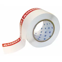 Precut polyester label roll with a pre-printed DANGER header, measuring 3 in x 3 in. White label with rubber adhesive, halogen-free, and compatible with i5100 printer series. Suitable for indoor and outdoor safety identification in industrial environments.