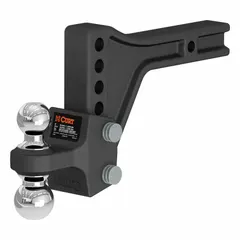 This adjustable hitch from CURT features a dual-ball design with 2 in and 2 5/16 in ball diameters for quick trailer leveling. Constructed from powder-coated carbon steel, it includes weight distribution (WD) hardware and is vibration-resistant. The 2 in compatible ball shank diameter suits universal vehicle classes for towing trailers, boats, and campers.