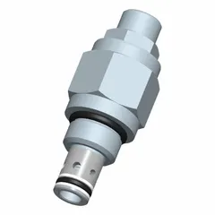 Screw-in pressure control cartridge valve with screwdriver adjustment. Steel body with nitrile seals. C08-20 cavity size. Used in hydraulic systems for pressure regulation in mobile and stationary equipment.