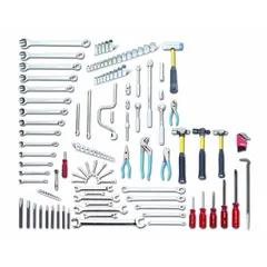 This 134-piece SAE tool set includes a 13-piece fractional L-key set in a tool holder, an 8-piece open-end mini wrench set with full polish, diagonal cutting pliers, eight drive tools, and seven hand socket accessories. Designed for general maintenance tasks requiring fractional-sized tools.