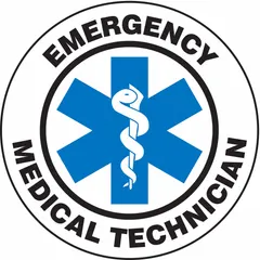 2 1/4 in diameter hard hat label with English text and engineer-grade retroreflective material. Identifies emergency medical technicians on hard hats for safety compliance. Improves visibility in low-light conditions on industrial job sites.