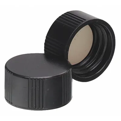 WHEATON Cap: 18 mm Dia, Black, Phenolic, PTFE Faced Rubber, 15-425 mm Screw Closure Size - Screw On Caps
