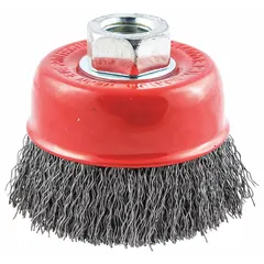 This cup brush is designed for light-cleaning, surface preparation, and deburring on carbon steel. It features a 2-3/4 in diameter, 0.014 in fill diameter, and a 5/8"-11 arbor hole connection. The crimped wire bristles provide consistent action for removing rust, scale, and weld splatter.