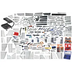 This 1,390-piece tool set includes Metric/SAE sizing with 1/4 in, 3/8 in, 1/2 in, and 3/4 in socket drive sizes. Contents include 4 slip-joint pliers, 27 slotted screwdrivers, 209 impact sockets, and 129 combination wrenches. Suitable for industrial maintenance, automotive repair, and mechanical assembly tasks.