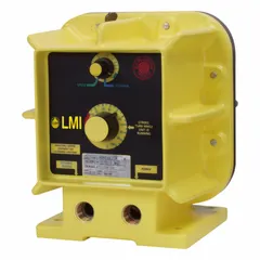 This compact solenoid-driven diaphragm metering pump features a polypropylene head, PTFE diaphragm and seals, and 316 stainless steel check balls. It operates at 115V AC, delivers a maximum flow rate of 8 gpd, and offers ±1.0% reproducibility. Suitable for precise chemical dosing in water treatment and industrial processing applications.