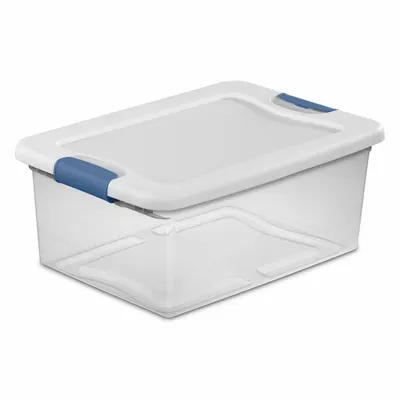 STERILITE Storage Tote: 3.8 gal, 16 1/4 in x 11 1/4 in x 6 3/4 in, Clear Body, White Lid - Clearview Totes with Latch-On Lids