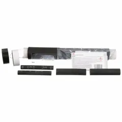 This splice kit is used for splicing motor lead pigtails in industrial electrical systems. Rated for 8,000 V max and wire sizes 10 AWG to 4 AWG, it includes three cold shrink tubes and a slip-on lug cover. Compatible with Series 30000, it is not rated for direct burial.