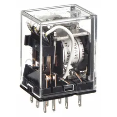 OMRON MY Series plug-in relay with square base and flat pins. Features 3PDT contact configuration, 24V AC coil, and 5 A current rating at 24V DC resistive load. Equipped with 11 quick-connect terminals for socket mounting. Suitable for general-purpose switching in industrial control panels and automation systems.
