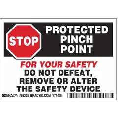 Adhesive-mounted safety signs for marking pinch point hazards. Each sign measures 3 1/2 in x 5 in with a thickness of 0.01 in. Pack of 5. Not retroreflective and does not glow in the dark. Suitable for use on machinery and equipment to warn of pinch point risks.