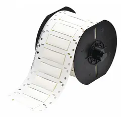 Precut sleeve label roll made of polyvinylidene fluoride with a white matte finish. Each label measures 3/8 in x 2 in and is designed for wire gauges 4 AWG to 8 AWG. Compatible with the i3300 printer series. Used for wire identification in electrical panels, machinery, and control cabinets.