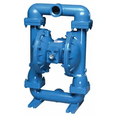This air-operated double-diaphragm pump features a cast iron housing with 2-inch NPT connections, delivering up to 200 gpm and 289 ft of head. Wetted components include PTFE seats, PTFE check valves, and PTFE diaphragms with Santoprene backing, providing chemical resistance for handling aggressive, abrasive, or solids-laden fluids in industrial transfer applications.