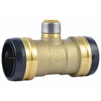 This brass push-to-connect tube fitting is configured as a reducer swivel tee with sizes 2 3/8 in OD x 2 in OD x 3/4 in OD. It is used to create branch connections in plumbing systems, joining copper, PEX, or CPVC tubing without soldering or special tools