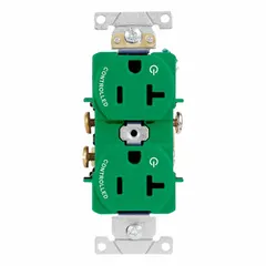 General-purpose duplex receptacle rated 20 A, 125 V AC with NEMA 5-20 configuration, 2-pole/3-wire grounding. Green nylon face. Suitable for commercial and industrial branch circuits powering 20 A equipment.
