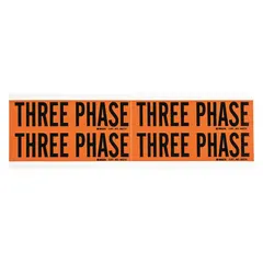 Self-stick vinyl marker with 'Three Phase' legend and B label style. Used for identifying electrical conduits and voltage sources in industrial settings. Label height 1 1/8 in.