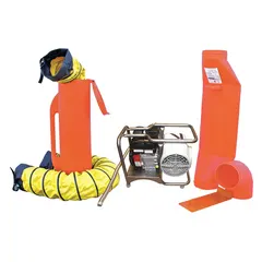 Gasoline-powered centrifugal blower for confined space ventilation. Delivers fresh air into tanks, vaults, and manholes. Features a 4 hp Briggs & Stratton engine, 8 in duct diameter, and 2.5 hr run time. Includes SV-CUP Kit.