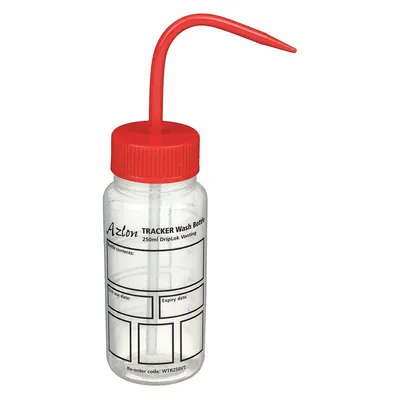DYNALON Wash Bottle: 250 mL, Write-On, Red, Wide, Std Spout Spout, Colorless - Wide Mouthed Standard Spout Wash Bottles