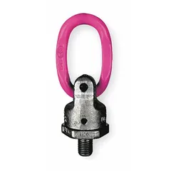 This rotate-under-load hoist ring from RUD CHAIN is designed for lifting operations where the load must pivot and swivel to reduce stress on the attachment point. It features a steel body with a pink powder-coated bail and an M16-2 thread size, with a maximum working load limit of 3,300 lb. Suitable for industrial rigging and material handling tasks such as lifting machinery, dies, molds, and heavy components.