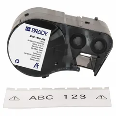 Combined label and ribbon cartridge for thermal transfer printing on continuous label rolls. Measures 1-1/2 inches wide by 16 feet long, constructed of cryogenic autoclavable nylon with black-on-white print. Compatible with M510 printer series. Suitable for labeling items exposed to extreme cold or autoclave sterilization in laboratory, medical, or industrial environments.