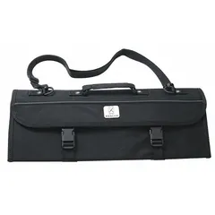 This black polyester knife case holds up to 10 pieces and includes a detachable shoulder strap for convenient transport. It measures 21 inches long, 2 inches wide, and 9 inches high. Suitable for storing and carrying knives in commercial kitchens, butcher shops, or catering operations.