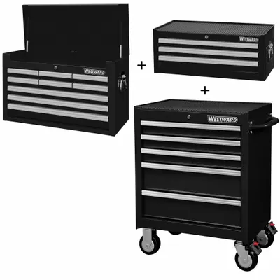 WESTWARD Rolling Cabinet Kit: 17 Drawers, Light Duty, Keyed - Heavy-Duty Top Chest, Intermediate Chest & Rolling Cabinet Combos