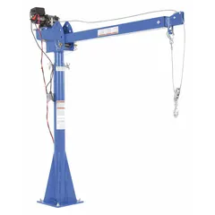 Electric steel davit crane kit with pedestal base. Max load capacity 2,000 lb. Adjustable boom range from 4.3 ft to 7.3 ft. Used for lifting and positioning heavy loads in industrial settings such as factories and warehouses.