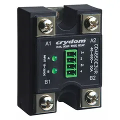 Panel-mounted solid state relay with SCR AC output, Form A switch configuration, and screw-clamp terminals. Rated for 48 to 600 VAC output voltage and 25 A maximum output current with 10 mA input current. Requires a heat sink for operation; not finger-safe. Suitable for switching AC loads in industrial control panels and automation systems.