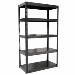This extra-heavy-duty boltless shelving unit from HALLOWELL features a black powder-coated steel finish with open side panels and an angle beam profile. It measures 48 inches wide by 24 inches deep with an overall height of 84 inches. The maximum post load capacity is 6,000 pounds with beams evenly spaced at 21 inches. Suitable for industrial storage applications requiring high load capacity and tool-free assembly.
