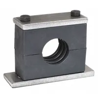 Steel clamp with a textured core and ribbed bore designed to secure a single pipe line while dampening vibration and reducing noise. Suitable for use in industrial fluid, pneumatic, and process piping systems to minimize mechanical stress on the line