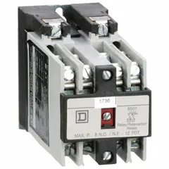 This SQUARE D surface-mounted relay features 8 normally open contacts rated at 10 A and a 120V AC coil. It is used for switching industrial loads in motor control, conveyor systems, and automation panels, providing reliable signal isolation and load switching in harsh environments.
