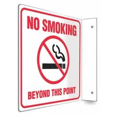 This L-shape projection sign is designed to indicate no-smoking zones in industrial facilities. It features an 8 in x 8 in nominal size with mounting holes for permanent installation on walls or posts. The sign is not retroreflective, not glow-in-the-dark, and has no anti-slip surface.