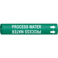 Green pipe marker with white 'Process Water' legend, designed to snap onto pipes with outer diameters from 2-1/2 to 3-7/8 inches. Includes directional arrows to indicate flow direction. Used for identifying process water lines in industrial piping systems