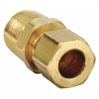 Brass compression fitting with standard sleeve, type Compression x MNPT. Connects 3/8 in OD tubing to 3/8 in pipe thread. Suitable for fluid systems in pneumatic, hydraulic, and instrumentation applications. Supplied in a pack of 10