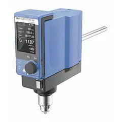 This overhead stirrer delivers a maximum torque of 60 N-cm and variable mixing speed up to 2000 RPM. It handles volumes up to 40 L and viscosities up to 50,000 cps. The digital display allows precise speed monitoring. Suitable for low-torque stirring applications in laboratory and industrial settings.