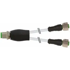 Y-distributor cordset with one M12 male straight connector and two M12 female straight connectors. 4-pin configuration with 0.34 sq mm wire size. Gray PUR jacket rated IP67. Used to split a single M12 connection into two in industrial automation and sensor networks.