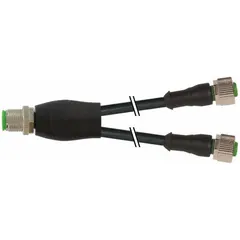 M12 male straight to (2) M12 female straight Y-distributor cordset with 4 pins, 0.34 sq mm wire size, and 3 m cable length. Black PUR jacket rated IP67 for dust and water immersion protection. Used in industrial automation to split a single M12 connection into two, suitable for twisting applications in factory and robotic environments.