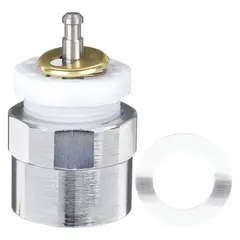 This metering faucet cartridge is constructed of brass with a nickel-plated finish and features a compression-type actuation mechanism. It includes one actuator and is designed for use with hot and cold water in commercial metering faucets, commonly found in public restrooms, kitchens, and industrial wash stations.
