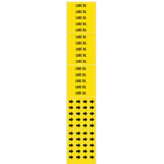 Yellow adhesive pipe marker with black 'Lube Oil' legend, designed for pipes with outer diameter of 3/4 inch and smaller. Set includes 3 markers without arrows, suitable for identifying lube oil lines in industrial piping systems.