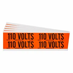 Self-stick vinyl markers for identifying conduit and voltage systems. Each marker displays '110 Volts' legend. Label size: 4 1/8 in width, 1 1/8 in height. Pack of 5. Suitable for marking electrical circuits in industrial, commercial, and utility installations.