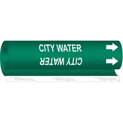 Green wrap-around pipe marker with white 'City Water' legend and directional arrows. Fits pipe outer diameters from 1-1/2 to 2-3/8 inches. Used to identify city water lines in piping systems, commonly applied in industrial, commercial, and utility facilities.