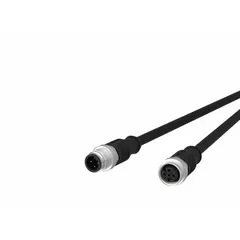Double-ended cordset with black PUR jacket, M12 male straight to M12 female straight connectors, 4 pins, 22 AWG/42 AWG wire, 1 m length, IPX7 rated. Suitable for sensor and actuator connections in industrial environments where twisting of the cable is required.