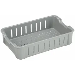 This composite stacking tub is designed for extreme-temperature washdown environments. It measures 17 3/4 in x 10 1/2 in x 4 1/8 in and operates from -60°F to 250°F. The vented walls allow drainage during sanitation cycles. Lid not included.