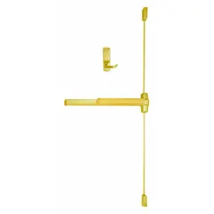 Brass surface vertical rod exit device with touchbar and dummy pull. Designed for doors up to 3 ft wide. Suitable for commercial egress applications requiring reliable push-bar operation.